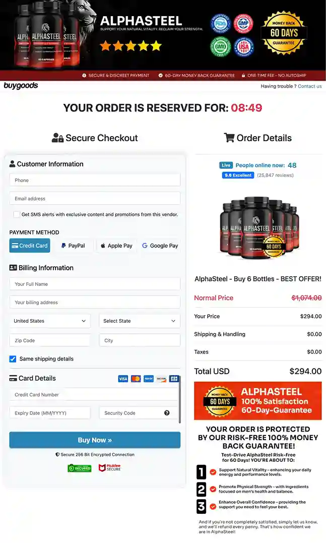 AlphaSteel Secure Checkout — Visa Mastercard USA